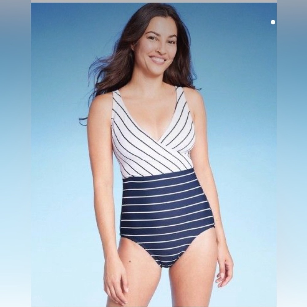 Kona Sol Woman’s Striped V Neck Full Coverage One Piece Swimsuit